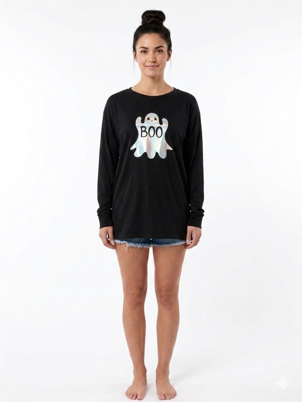Black Long Sleeve Tee with Iridescent 'BOO' Ghost Graphic Up To Size 3XL